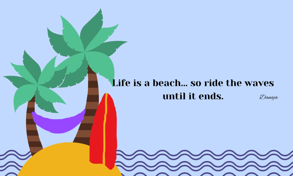 two palm trees on a small island holding up a hammock and a surf board on the side